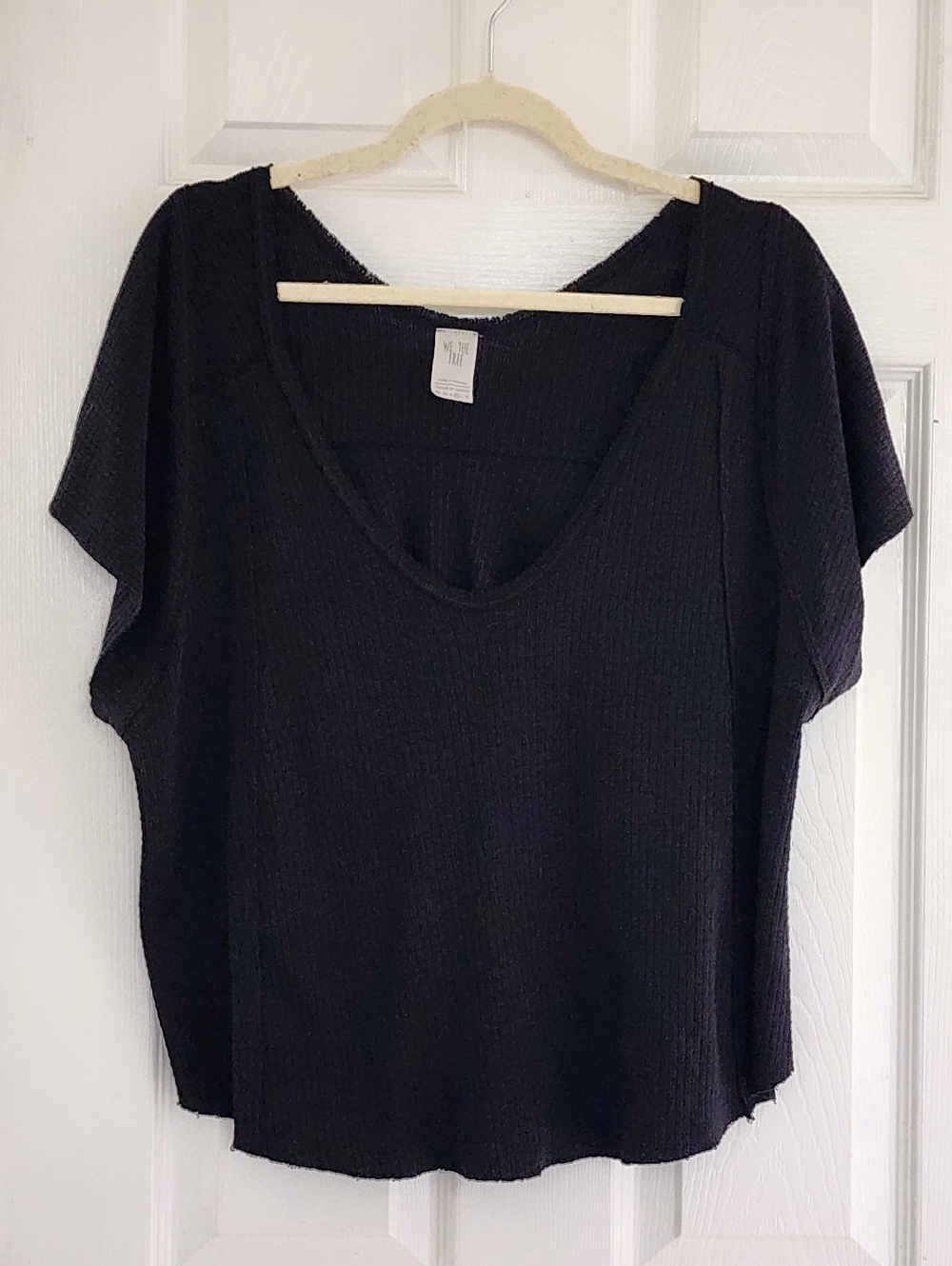 Free People We The Free Black Thermal V-Neck Oversized Top M Boho Raw Hem